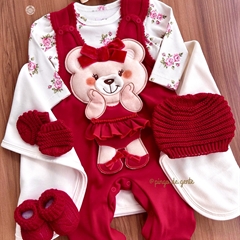 Jardineira Algodão Bordado Fofinho com Body Ursinha Camélia