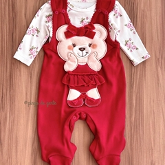 Jardineira Algodão Bordado Fofinho com Body Ursinha Camélia