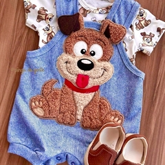 Romper Algodão Jeans Bordado Fofinho com Body Dog  Max 