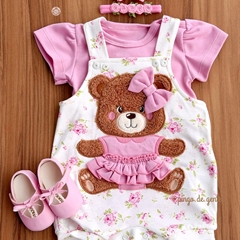 Romper Algodão Floral Bordado Fofinho com Body Ursinha Teresa