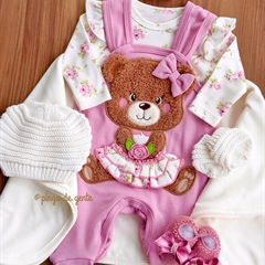 Macacão Algodão Bordado Fofinho com Body Ursinha Teresa