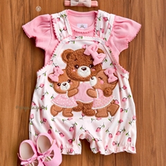 Romper Floral com Body Canelado Bordado Fofinho Ursinha Cecília